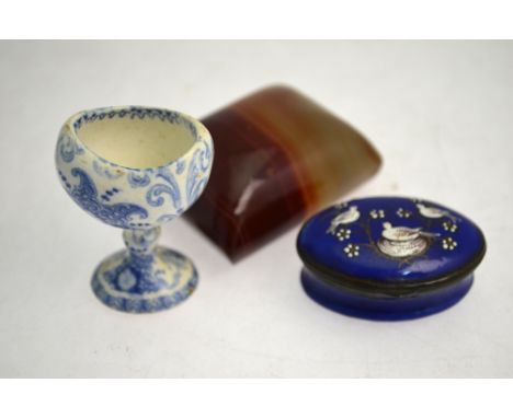 A Georgian Battersea-type oval blue enamel patch-box, the hinged cover decorated with three doves (one on a nest), to/w a lar
