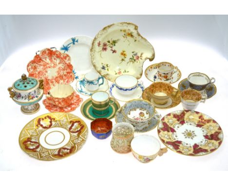 An English trio; five English cups and saucers; a Royal Worcester cup; a Worcester/Locke & Co. vase with reticulated design; 