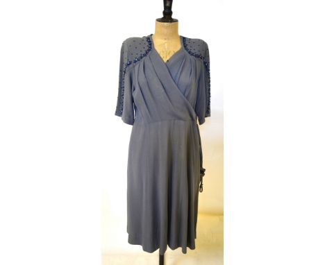 A 1940s burnt orange heavy crepe dress, 50 cm across chest, a grey crepe dress with beaded embellishment to shoulders, with b
