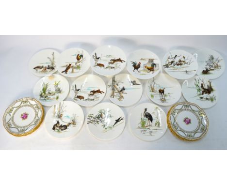 A Victorian porcelain dessert service comprising four tazzas and ten plates, each item printed with a scene from The Fables o
