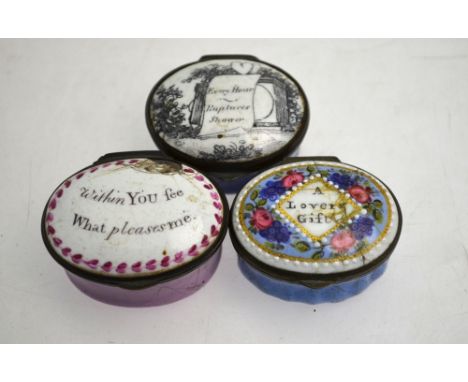 Three Georgian Battersea-style oval enamel 'love token' patch-boxes with mirror-backed covers:- 'Within You See What Pleases 