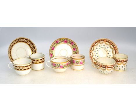 Three Pinxton, Derbyshire trios, all probably Billingsley era, comprising: one decorated with roses and gilt; one with a gilt