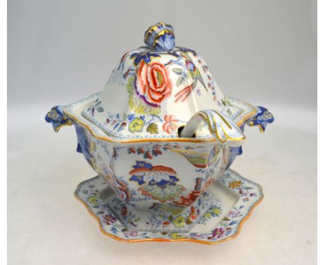 A Victorian Masons Ironstone China soup tureen, cover, ladle and stand decorated in the chinoiserie famille rose style, 29 cm
