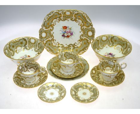 A Davenport Victorian part tea service, grey ground with gilded decoration and painted floral sprays, comprising:  sandwich p