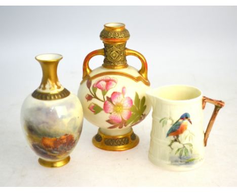 A small Royal Worcester vase, decorated with Highland cattle, attributed to Harry Stinton, 11cm high; together with two other