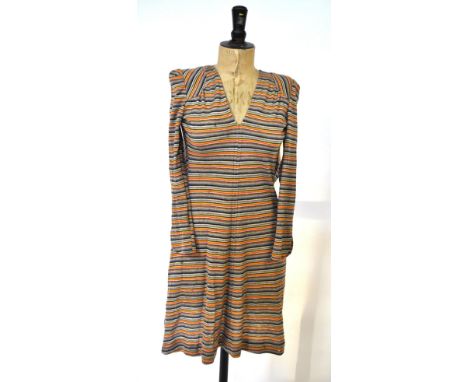 A 1970s Bus Stop by Lee Bender pink satin blouse, a Bus Stop yellow satin blouse and a grey/red/yellow striped dress (all siz