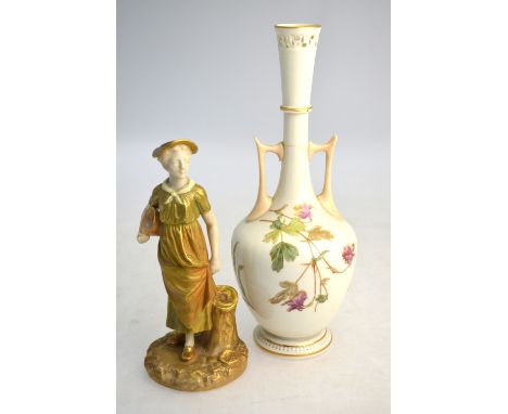 A Royal Worcester figure of a standing girl with a bowl; the base numbered 1774, 18cm high; and a Royal Worcester vase, decor