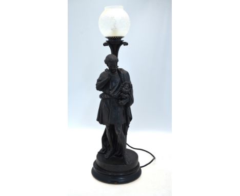 A 19th century dark patinated spelter figural table lamp 'Phidias', raised on an ebonised base, the lamp with etched glass sh