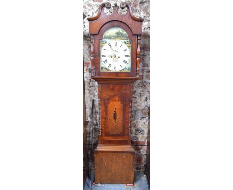 John Foster, Market Rasen, a 19th century inlaid oak and mahogany longcase clock, the eight-day movement with painted arched 