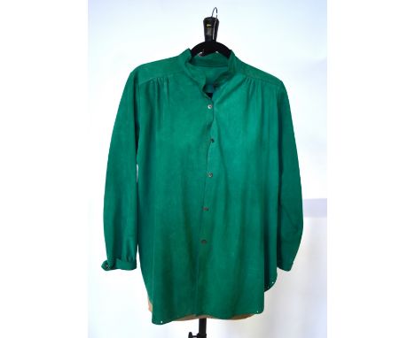 1970s leather garments by Josephine - a jade green suede short/jacket with mandarin collar, a natural suede shirt jacket, a c