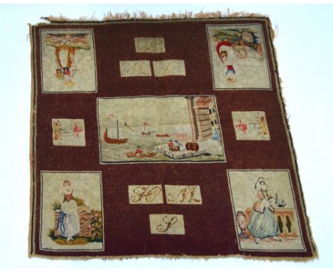 An early 19th century red ground wool needlework panel, the central reserve worked with port scene (possibly Venice?), the co