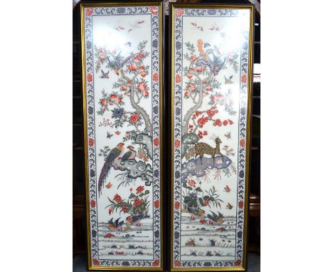 Two Chinese rectangular textiles, decorated with Daoist and natural history themes, including a stag, peaches, birds and butt
