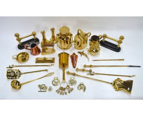 A Salter brass clockwork spit to/w a quantity of other copper and brassware, including flat-iron, cream churn, hot water cani