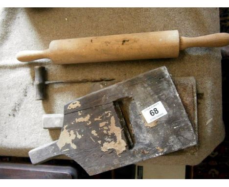 A pair of butter pats & rolling pin and a pair of  candlesticks