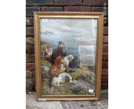 A framed and glazed print of hunter with dogs