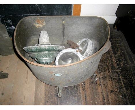 A galvanised trough & pair of tractor lights etc.