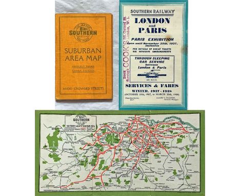 1920s Southern Railway " Southern Electric" fold-out LINEN CARD MAP 'Suburban Area'. Opens to 8" x 4" (21cm x 11cm). Undated 