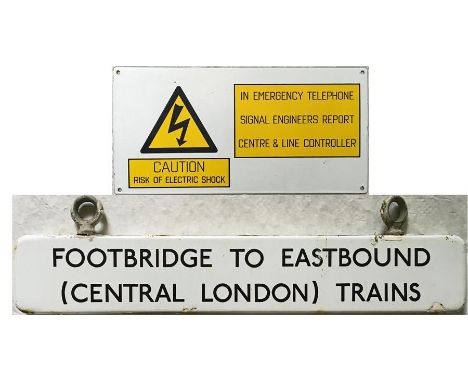 London Underground ENAMEL SIGN 'Footbridge to Eastbound (Central London) Trains', flanged, double-sided (reverse blank), meas