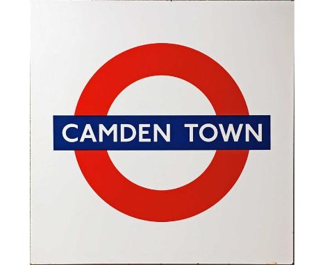 London Underground enamel PLATFORM SIGN (track-side) from Camden Town station. A 'roundel' sign, c1980s, measuring 25" (64cm)