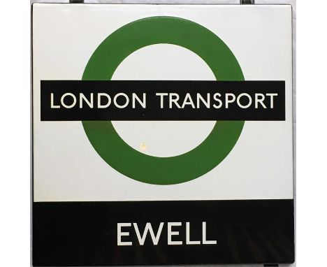 1950s/60s London Transport enamel BUS STOP SIGN ' London Transport - Ewell' from a 'Keston' wooden bus shelter at this locati