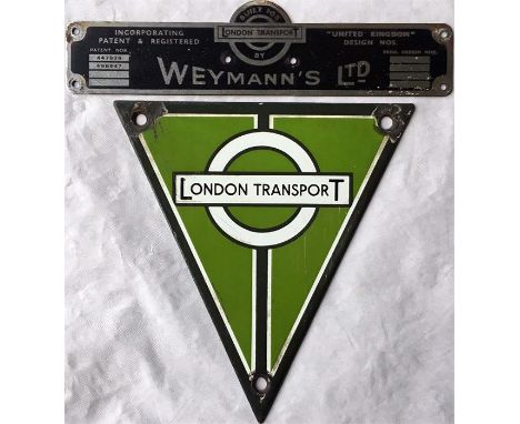 London Transport RT-type bus enamel RADIATOR BADGE (green variant) and BODYBUILDER'S PLATE 'Weymann's Ltd' from one of the Co