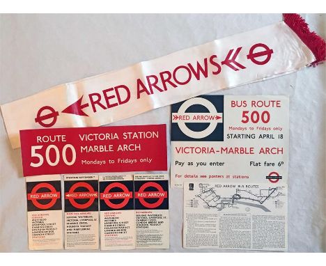 London Transport Red Arrow material comprising items from the 1966 launch: a silk sash with tassles, a panel poster and a bus