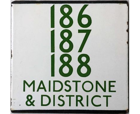 London Transport bus stop enamel E-PLATE for Maidstone & District services 186, 187 & 188 with the operator's name and the us