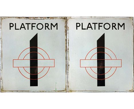 London Underground ENAMEL SIGN 'PLATFORM 1', a double-sided sign featuring the traditional LT bullseye logo superimposed over