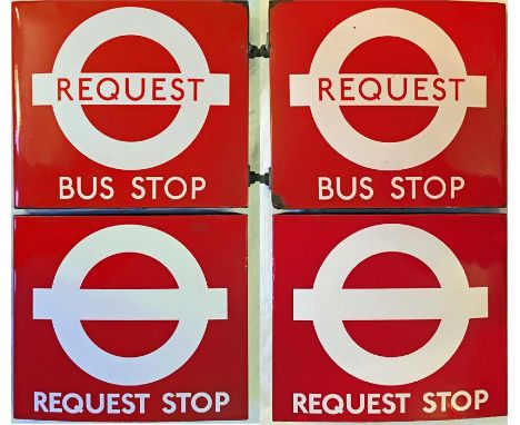 A pair of London Transport enamel BUS STOP FLAGS, both boat-style (hollow, double-sided), 'request' versions. One is the 1980