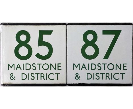 A pair of London Transport bus stop enamel E-PLATES for Maidstone & District services 85 and 87 with the operator's name and 