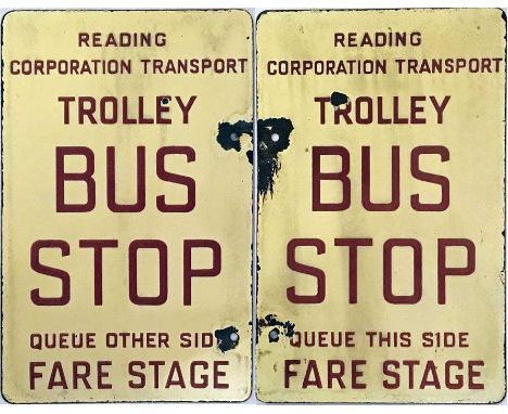Double-sided enamel TROLLEY BUS STOP FLAG from Reading Corporation Transport. Flag is inscribed 'Queue this/other side - Fare