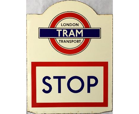 1930s London Transport enamel TRAM STOP SIGN in the early 'tombstone' design inherited from the Underground Group buses & tra