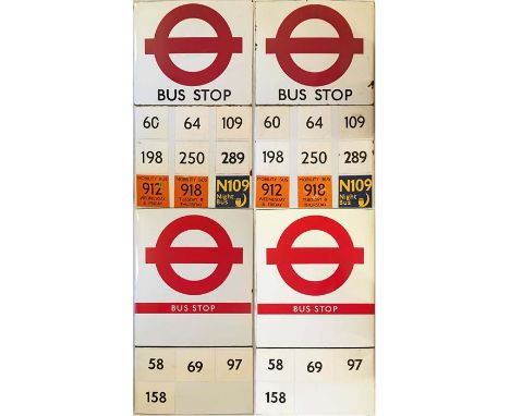 A pair of London Transport enamel BUS STOP FLAGS, both E9-size, boat-style (hollow, double-sided), compulsory versions. The f