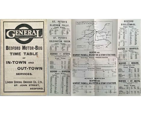 London General Omnibus Company 1913 BEDFORD MOTOR-BUS TIME TABLE of in-Town and out-Town Services. A fold-out leaflet with a 