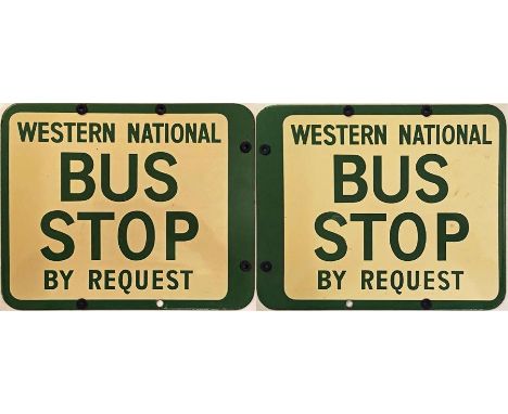 Western National enamel BUS STOP FLAG 'By Request'. A 1950s/60s double-sided sign in cream and green enamel. Measures 12.5" x