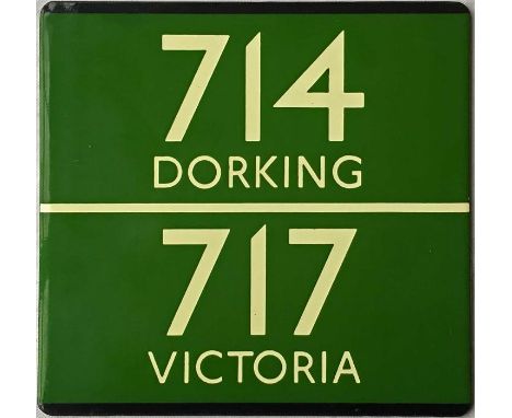 London Transport coach stop enamel E-PLATE for routes 714 destinated Dorking and 717 destinated Victoria. The 717 only ran to