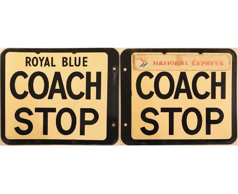 Royal Blue enamel COACH STOP FLAG. A 1950s/60s double-sided sign in cream and black enamel. A 'National Express' sticker (rem