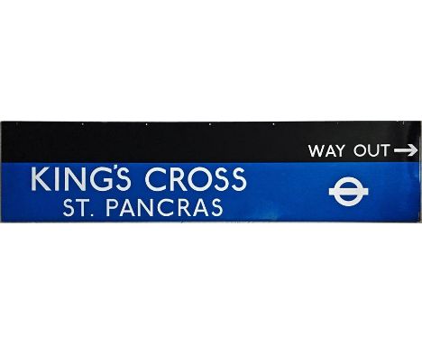London Underground enamel PLATFORM FRIEZE PANEL from King's Cross St Pancras station. Flanged on three sides, with a bullseye