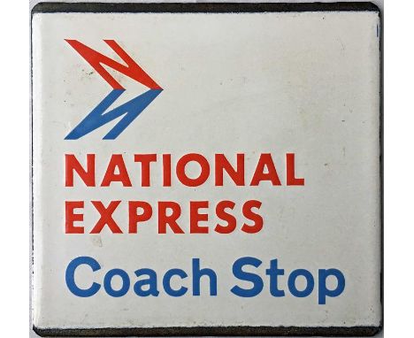 London Transport coach stop enamel E-PLATE 'National Express Coach Stop' in the red & blue of the National  Bus Company. Thes