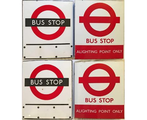 A pair of London Transport enamel BUS STOP FLAGS, both E3-size, boat-style (hollow, double-sided), compulsory versions. The f