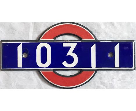 London Transport 1938 Tube Stock enamel STOCK-NUMBER PLATE from Driving Motor Car 10311. Measuring 5.5" (14cm) across, these 