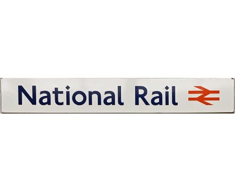 London Underground ENAMEL SIGN 'National Rail' with the NR logo. Measures 20" x 3" (50cm x 8cm) and in very good condition. [