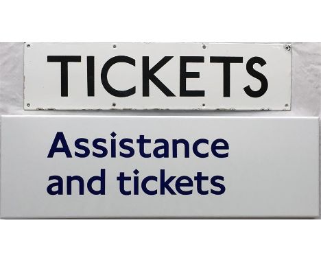 Pair of London Underground ENAMEL SIGNS comprising 'Tickets', c1950s/60s, size 24" x 6" (60cm x 15cm), slight edge-wear but o
