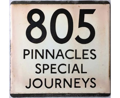 London Transport bus stop enamel E-PLATE for route 805 destinated Pinnacles, Special Journeys. Likely to have been situated a