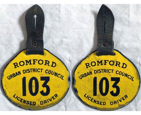 Early 20th-Century enamel BUS DRIVER'S LICENCE BADGE issued by Romford Urban District Council, 'Licensed Driver 103'. A doubl