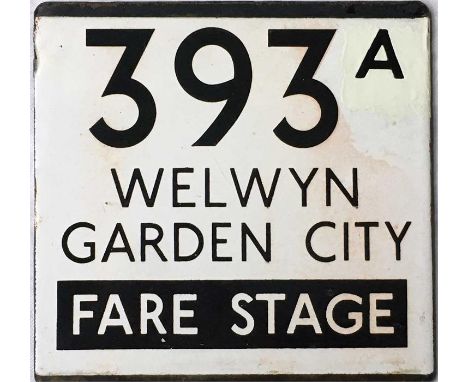 London Transport bus stop enamel E-PLATE for route 393A Welwyn Garden City, Fare Stage. Likely to have been situated at the b