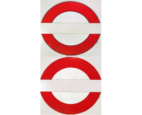 Two pairs of London Underground enamel PLATFORM SIGN INFILLS (each is two semi-circles), one dating from the 1930s (black lin