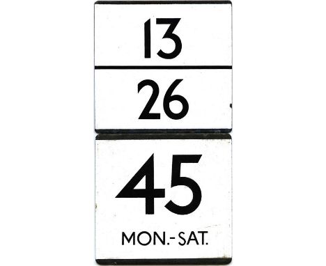 A pair of London Transport bus stop enamel E-PLATES comprising a 'split' example for routes 13 & 26 and another for route 45 