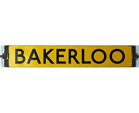London Underground 1938 Tube Stock enamel DESTINATION PLATE reading Bakerloo Line in black lettering on a yellow background, 