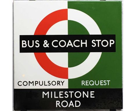 1950s/60s London Transport enamel BUS STOP SIGN ' Bus & Coach Stop - Milestone Road' from a 'Keston' wooden bus shelter at th